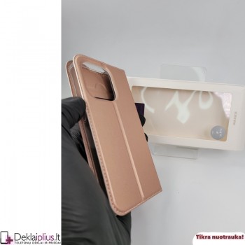 Dux Ducis dirbtinės odos atverčiamas dėklas - rausvas (telefonams Apple Iphone 14 Pro)
